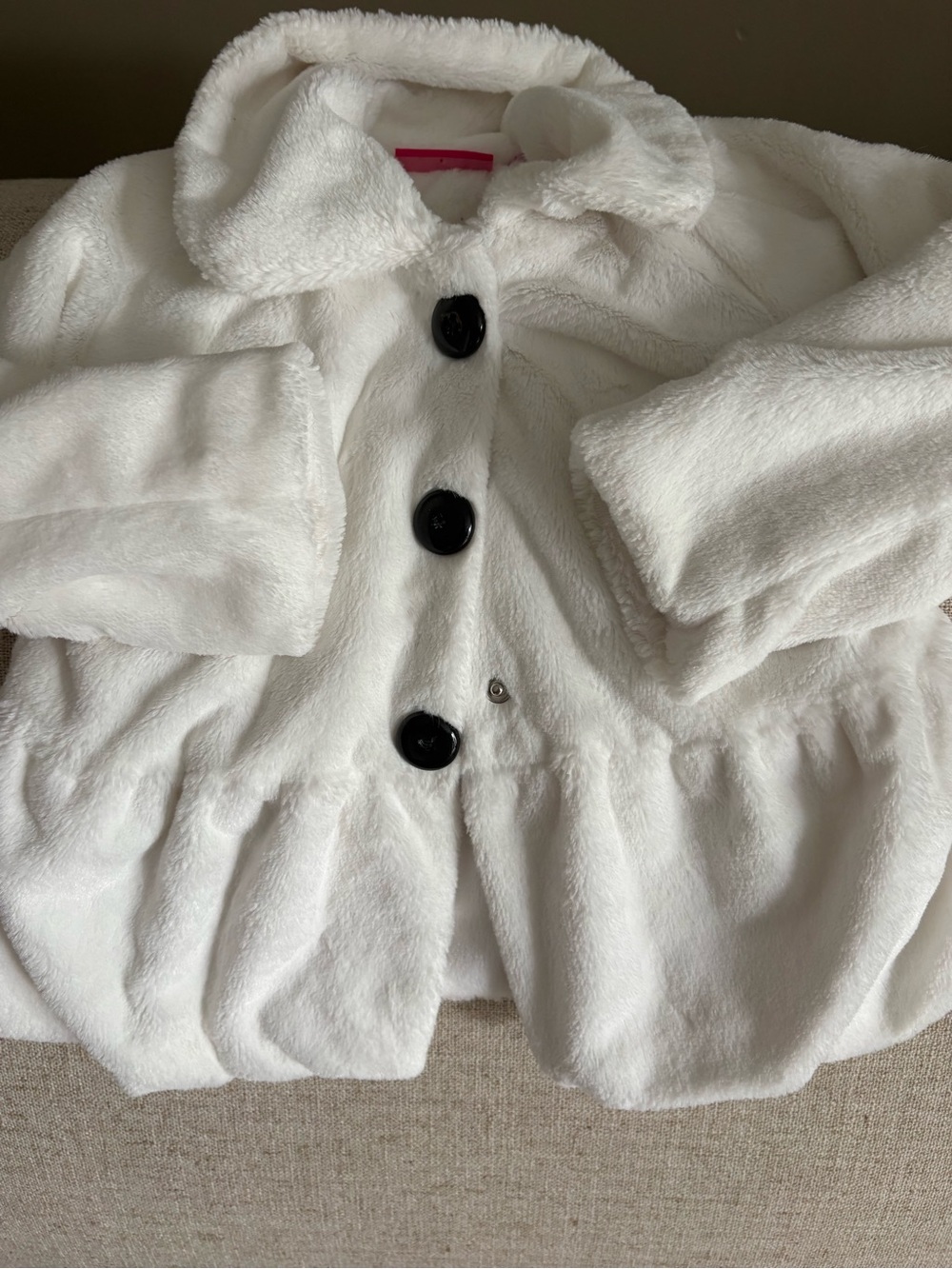 Girls White Faux Fur Coat/w Black Buttons that Snap and Soft Interior/Exterior